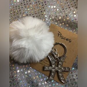 White Fur Pom Pom Sliver Keychain with Pisces Charm